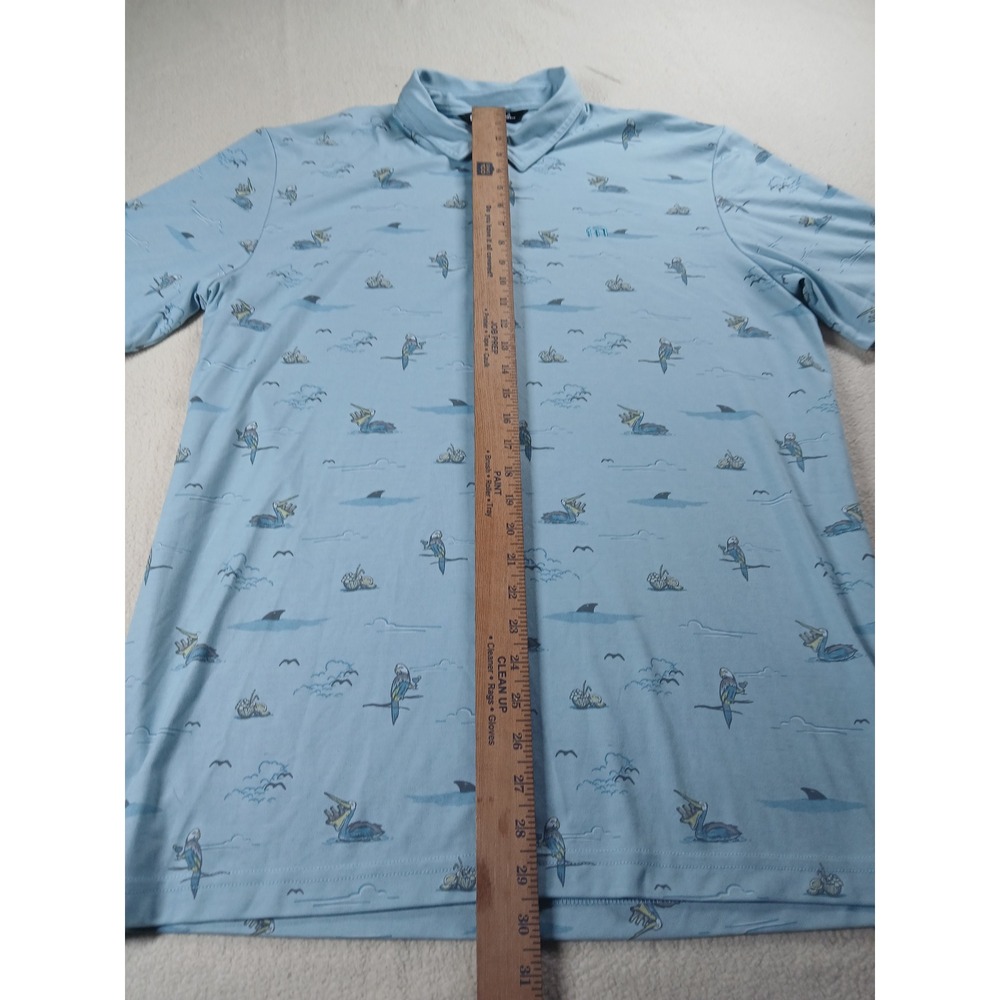TravisMathew Mens XL Blue Tropical Parrot Pelican Shark Print Golf Polo Shirt - Picture 3 of 5